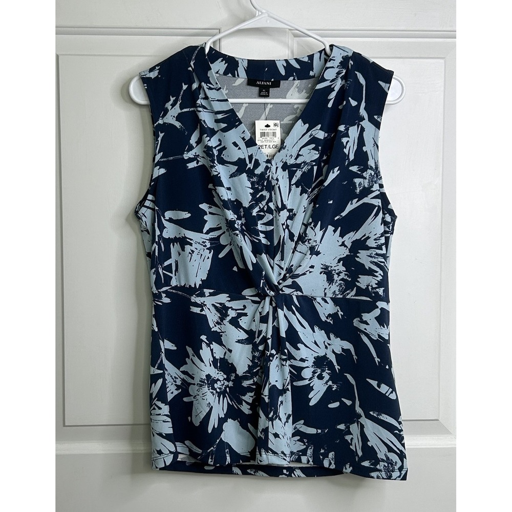 Alfani V Neck Twist Front Sleeveless Blouse Blue Womens Large Petite LP New